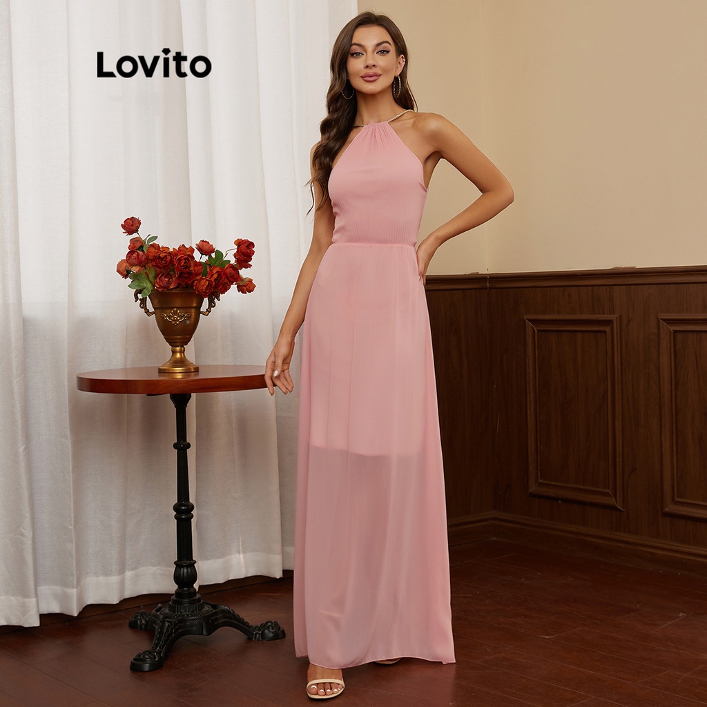 Đầm Lovito xếp ly hở vai nhún thun màu trơn phong cách lãng mạn L17X400 (Màu hồng)