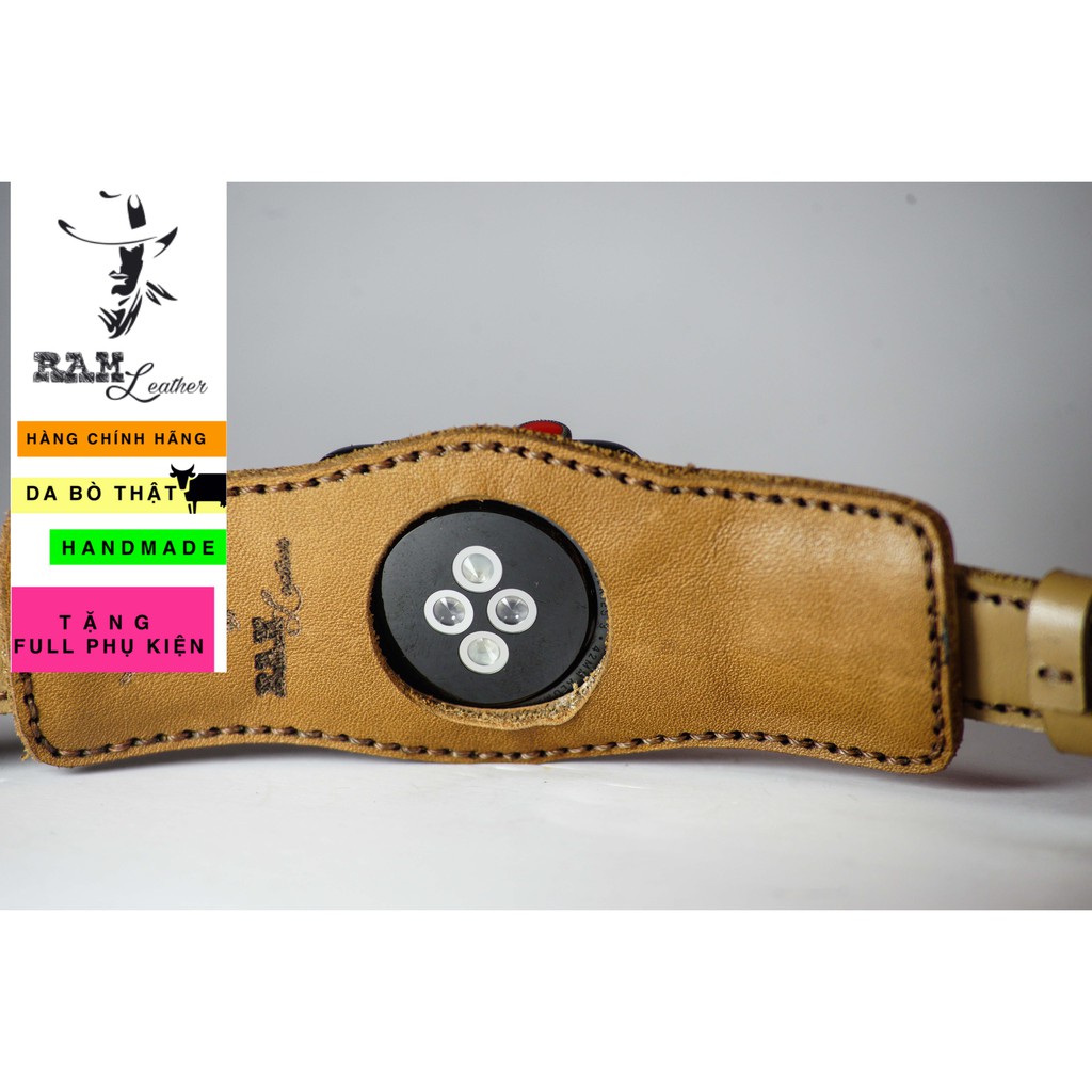 Combo Dây đồng hồ RAM Leather vintage B2 1986 da bò thật màu vàng quân đội vintage
