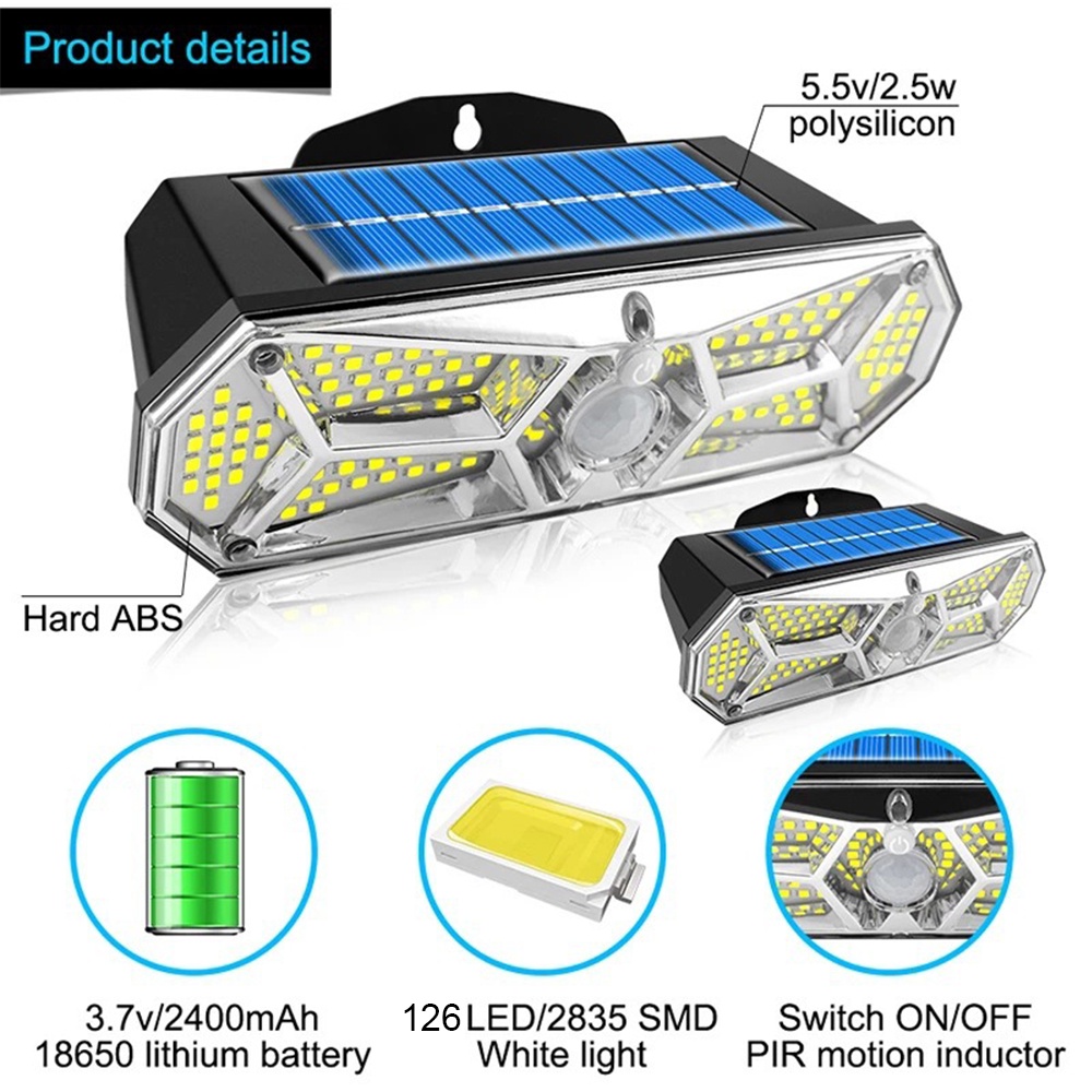 Đèn LED 126 Bóng / COB IP65 3 Kiểu Gắn Tường Năng Lượng Mặt Trời Chống Thấm Nước Cảm Biến Chuyển Động PIR Cho Sân Vườn