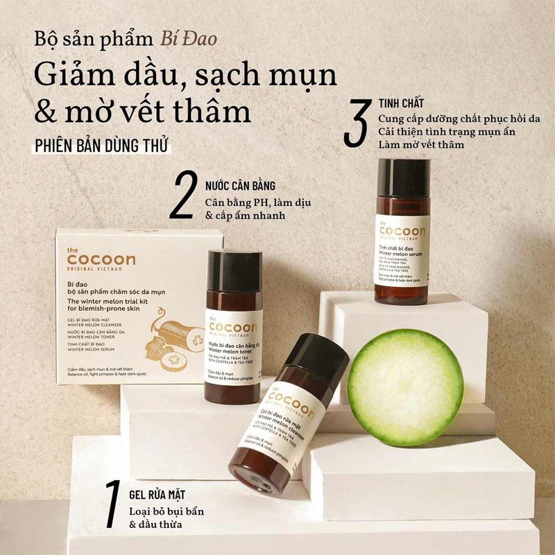 Bộ Sản Phẩm Cocoon Chiết Xuất Bí Đao Cho Da Mụn 3 Món Set Winter Melon Cleanser + Toner + Serum