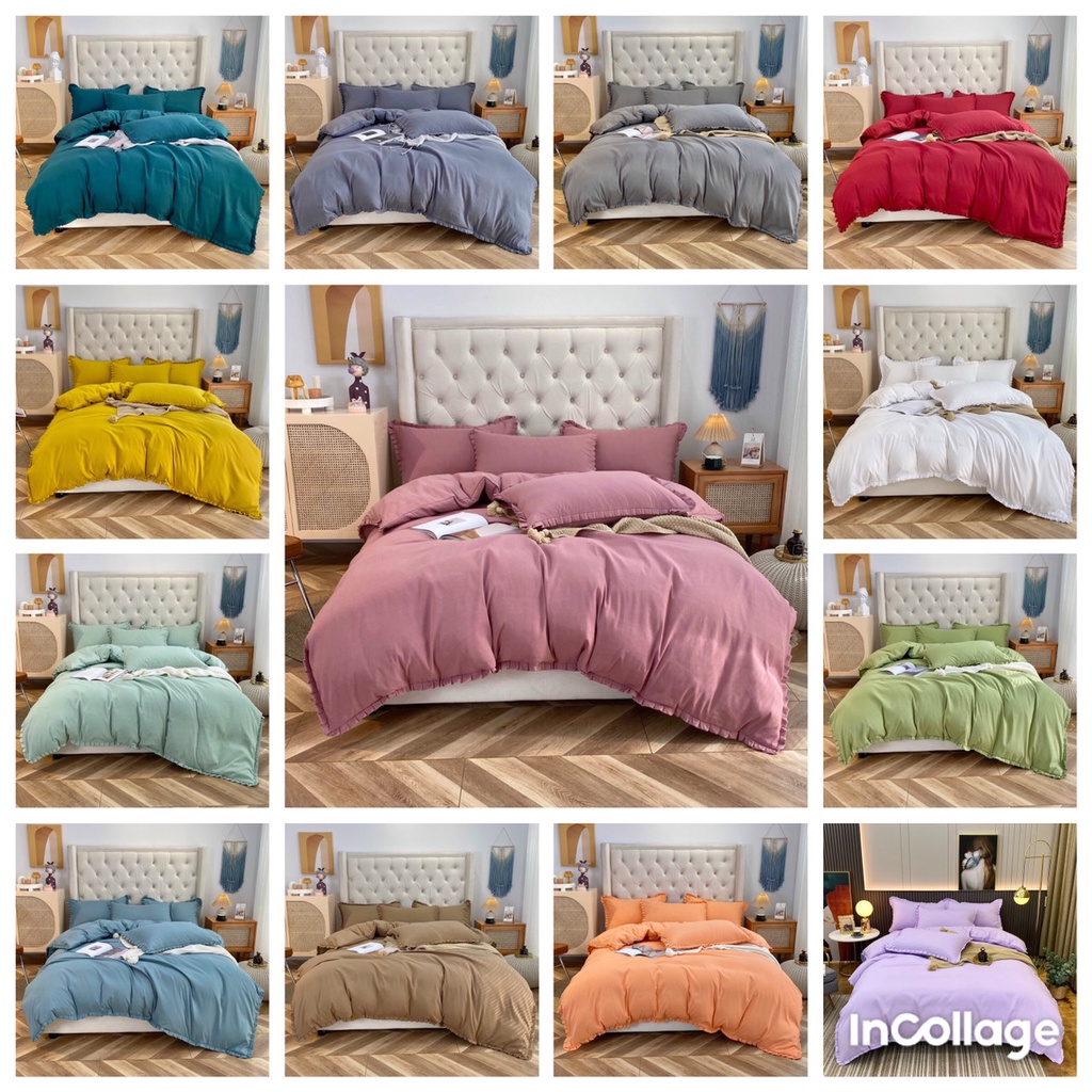 Cotton Tici Viền Bèo,Ga Trải Giường Vỏ Gối Tici Nhiều Màu Sắc - Full Set 4 Món , Vỏ Gối Nằm Không Khóa Kéo