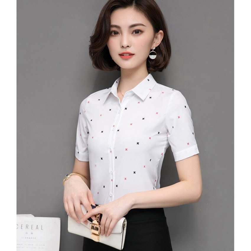 Áo Sơ Mi Nữ Tay Ngắn Phối Họa Tiết Dấu X DX02 Thời Trang ERINA Chất Kate Mềm Mịn,Thoáng Mát