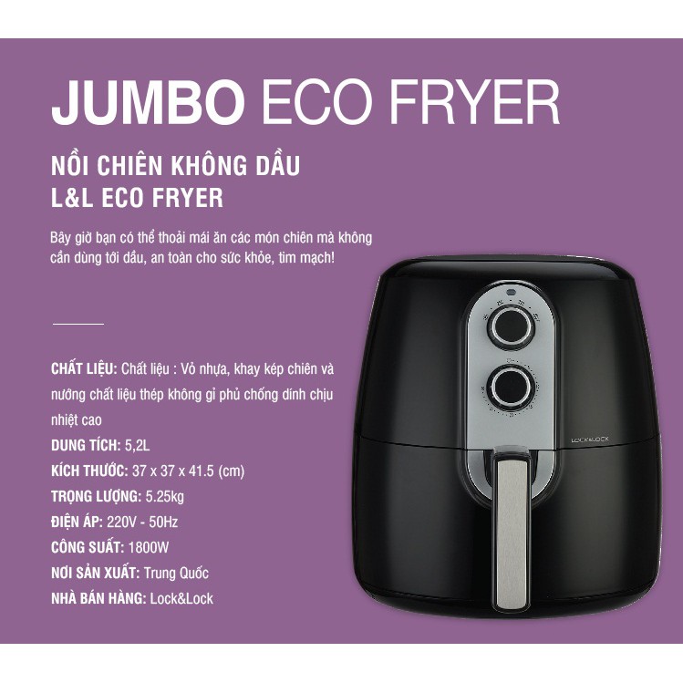 Nồi chiên không dầu cơ Lock&amp;Lock Manual Eco Fryer_5.2L EJF151BLK - Màu đen