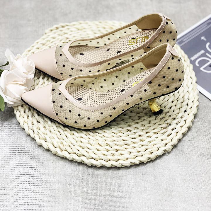 (Bảo hành 12 tháng) Giày cao gót nữ phối lưới chấm bi gót vàng kiểu thời trang cao 5cm có 2 màu Đen - Hồng - Linus LN222