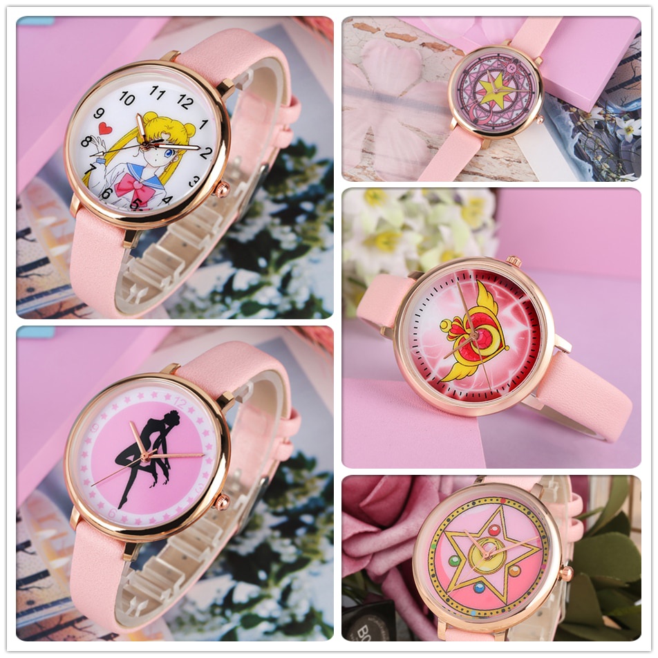 Hàng Có Sẵn Đồng Hồ Quartz Nữ Anime Màu Hồng Đáng Yêu#Đồng Hồ Đeo Tay Dây Da 39; s Dành Cho Nữ