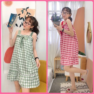 (siêu hót) Váy bầu 2 dây caro, chất vải siêu nhẹ, không nhăn, thoáng mát khi mặc mùa hè