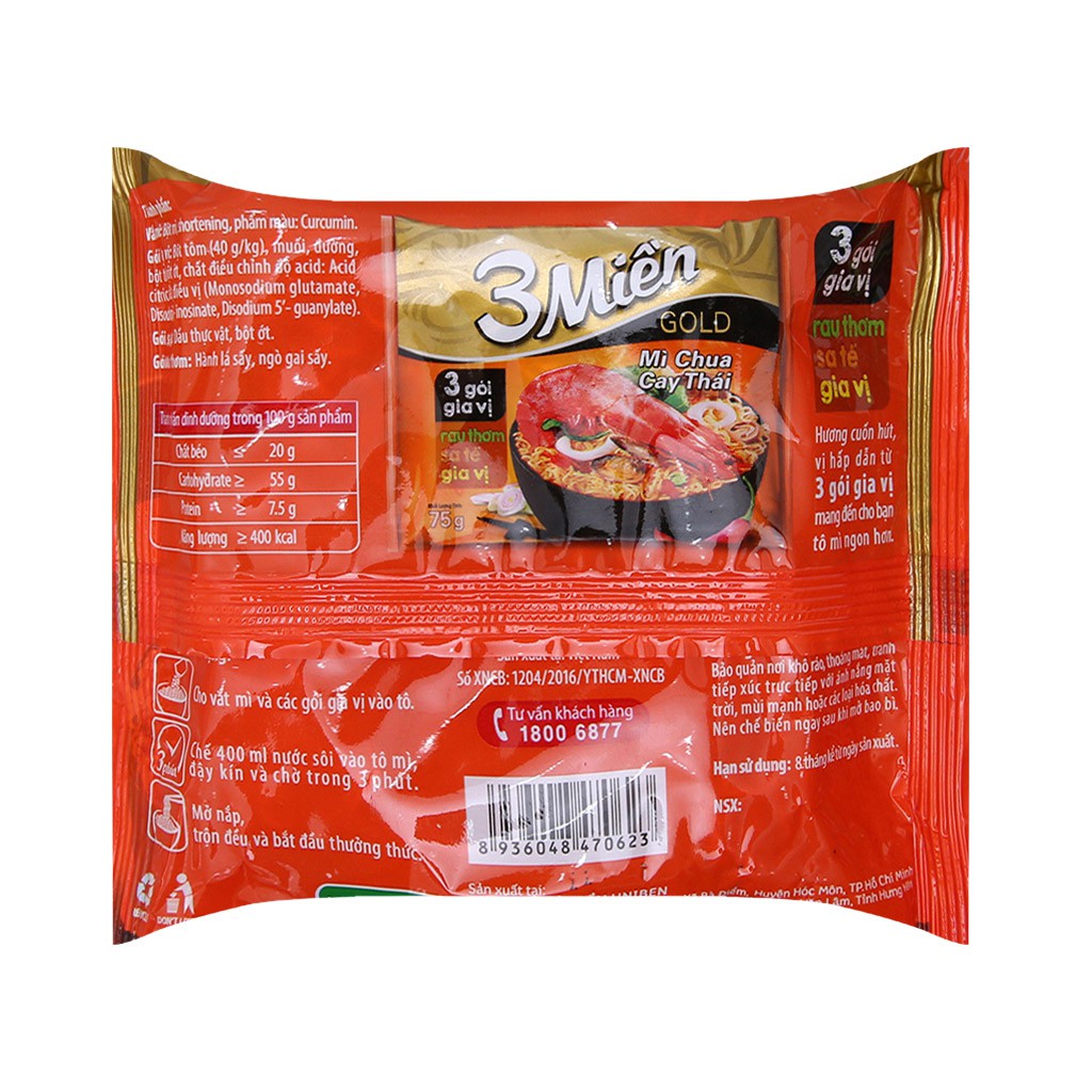 Mì Tôm Chua Cay 3 Miền Gold Thùng 30 Gói x 75g/gói