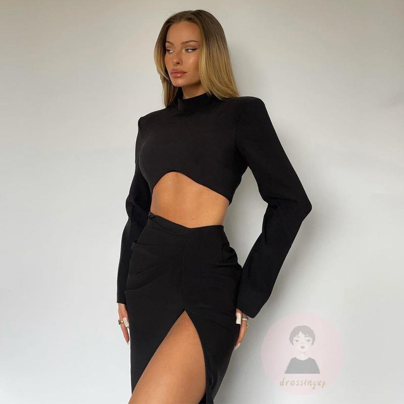 Bộ Áo Croptop Dài Tay Cổ Cao Màu Sắc Trơn Phối Chân Váy Dài Xẻ Tà Lưng Cao Thời Trang Cho Nữ