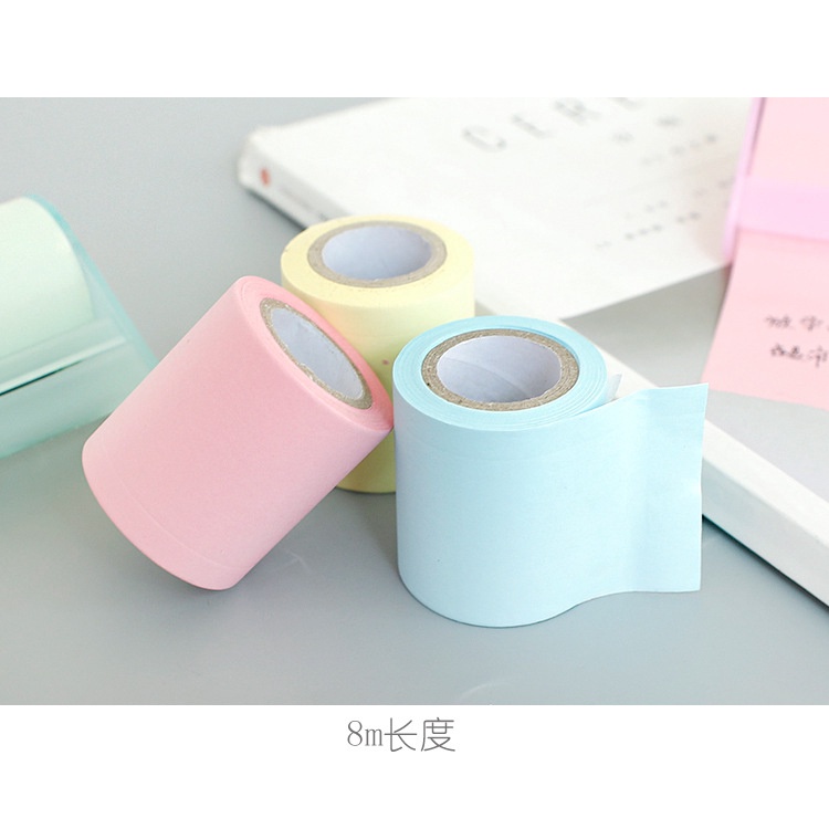 Giấy note cuộn ghi chú có keo dính kèm dao cắt tiện lợi, có thể thay lõi giấy, dài 8m, nhiều màu