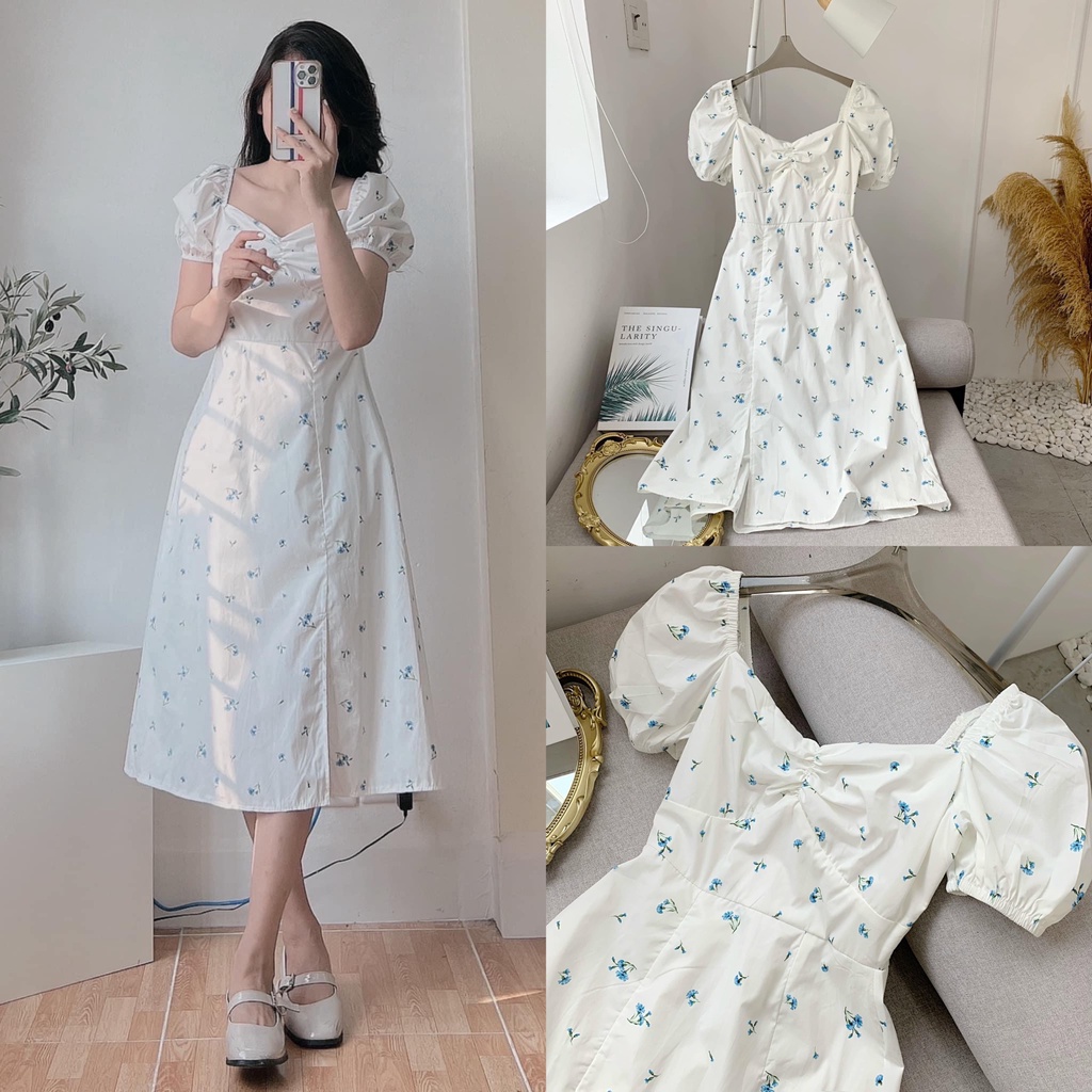 Đầm hoa nhí xanh xẻ tà dáng dài 2 lớp thiếu nữ mùa hè kiểu Pháp, Váy hoa nhí ulzzang siêu xinh Kozoda D64