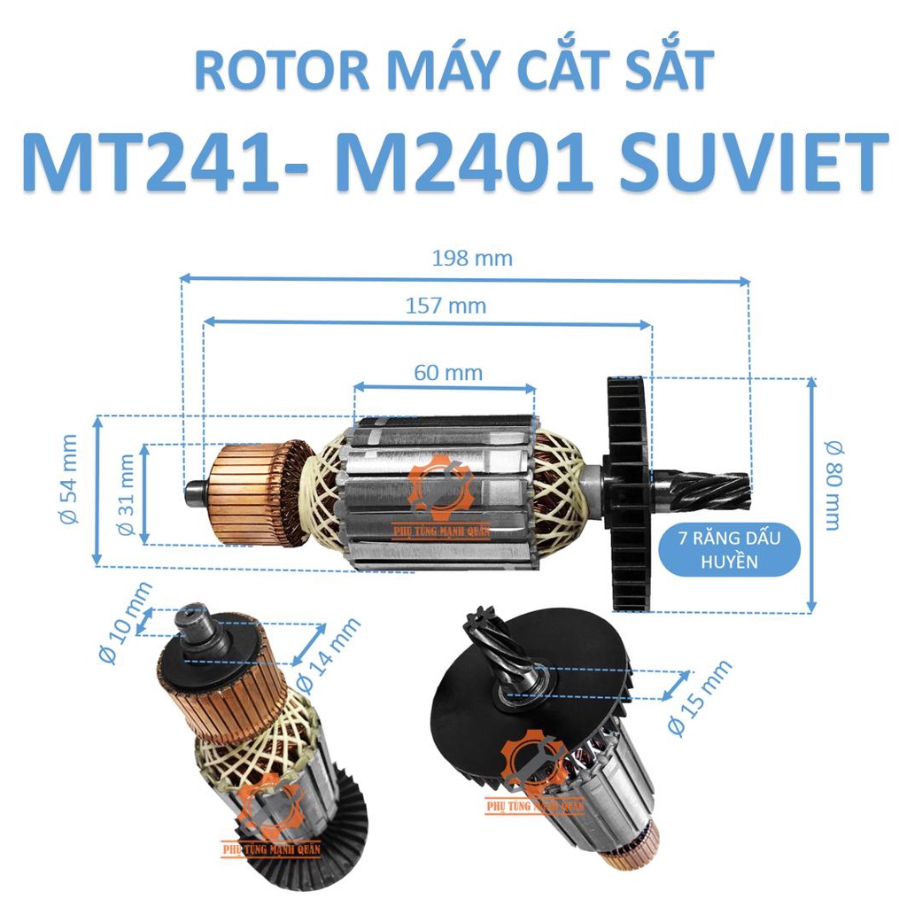 Rotor/ruột máy cắt sắt MT241, M2401 thân 54 dài 198 7 răng dấu huyền tặng kèm chổi than cao cấp