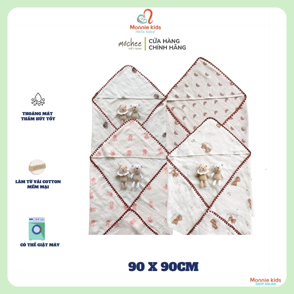 Ủ choàng muslin cho bé Mochee 90x90cm, chăn ủ xô cotton họa tiết cao cấp - Monnie Kids