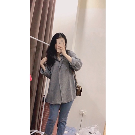 Áo sơ mi kẻ nữ vạt chéo tay dài from rộng - ảnh thật