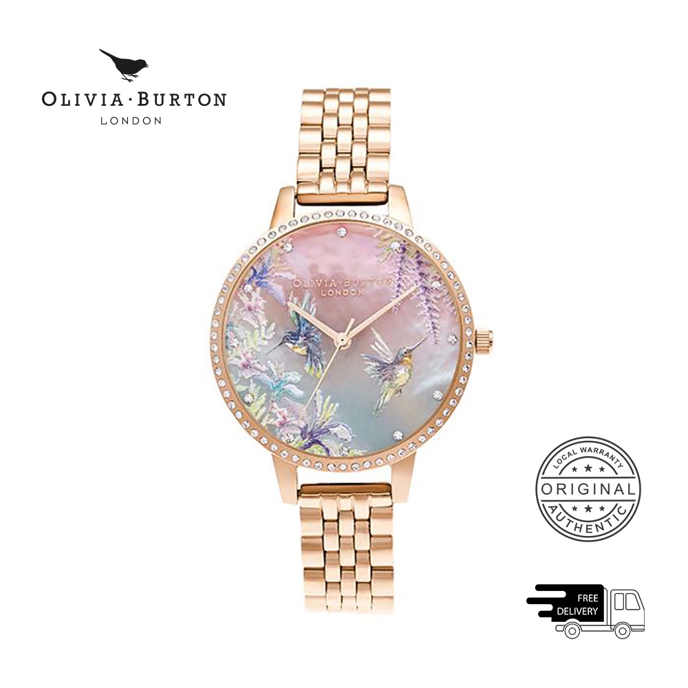Đồng Hồ Nữ Olivia Burton Painterly Prints Hiệu Ứng Chuyển Màu Hồng, Màu Xanh Lá & Họa Tiết Chim Ong (OB16PP60)