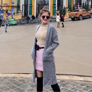 Áo cardigan khoác len dáng dài xám tiêu chanh xả