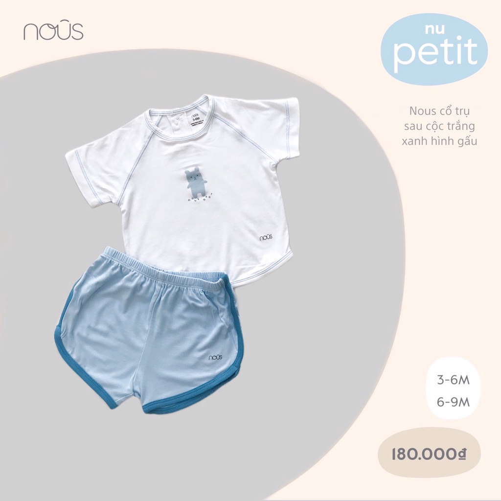 Nous - Bộ cổ trụ sau cộc trắng xanh hình gấu từ 3M-9M chất Petit