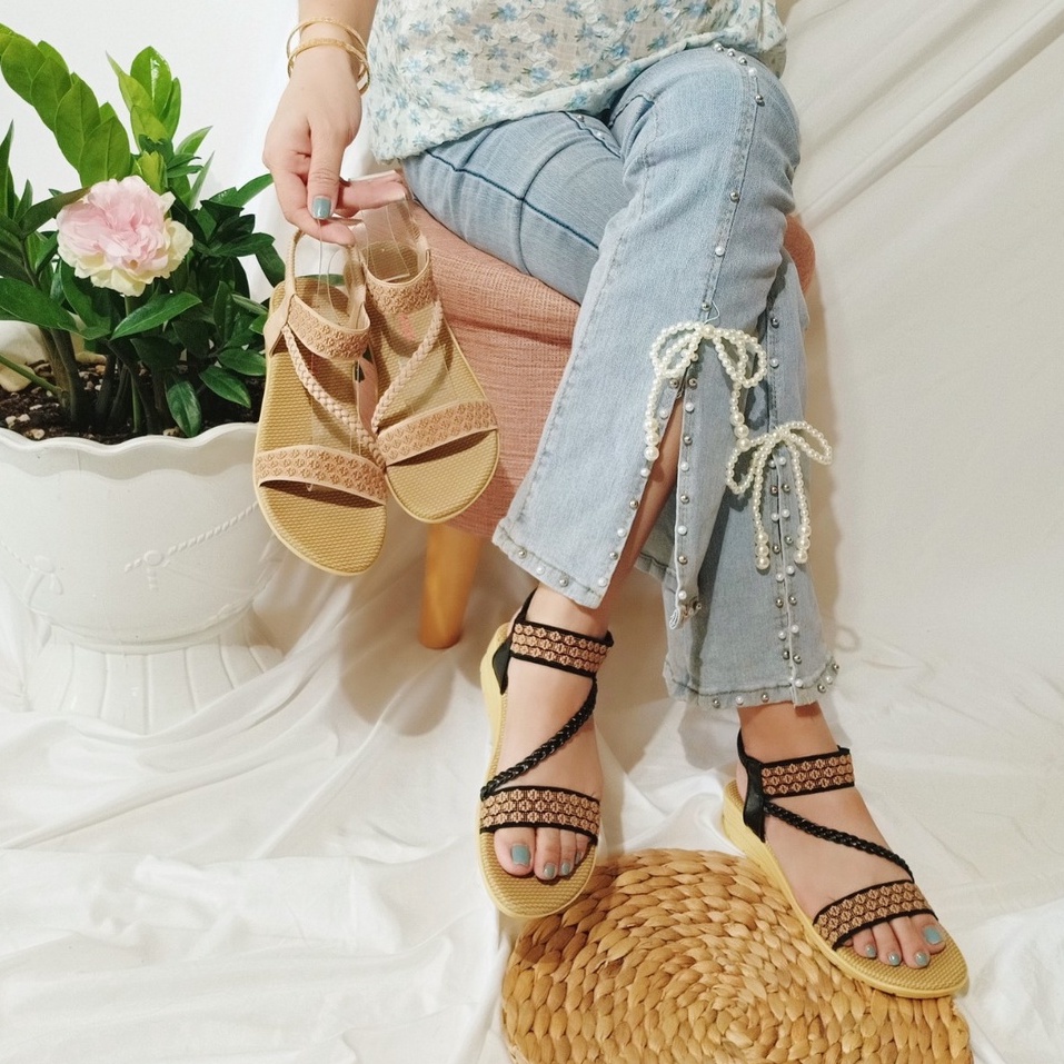 Giày sandal nữ đi học quai hậu dây chéo thổ cẩm êm,bền,thời trang-TBtc05
