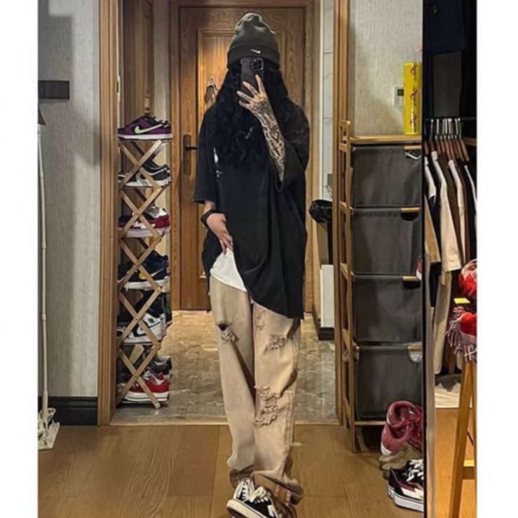 Quần Jean nam Dài Rách Gối Phong cao cấp quần jean nữ  Âu Mỹ  quần jeans ống rộng