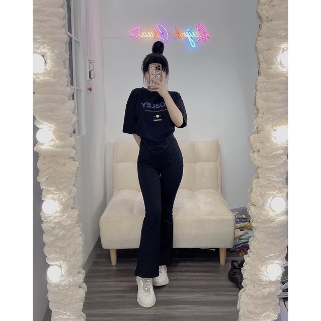 Quần Jean Nữ Ống Loe Đen Trơn 9 Tấc Lưng Cao - Co Giãn