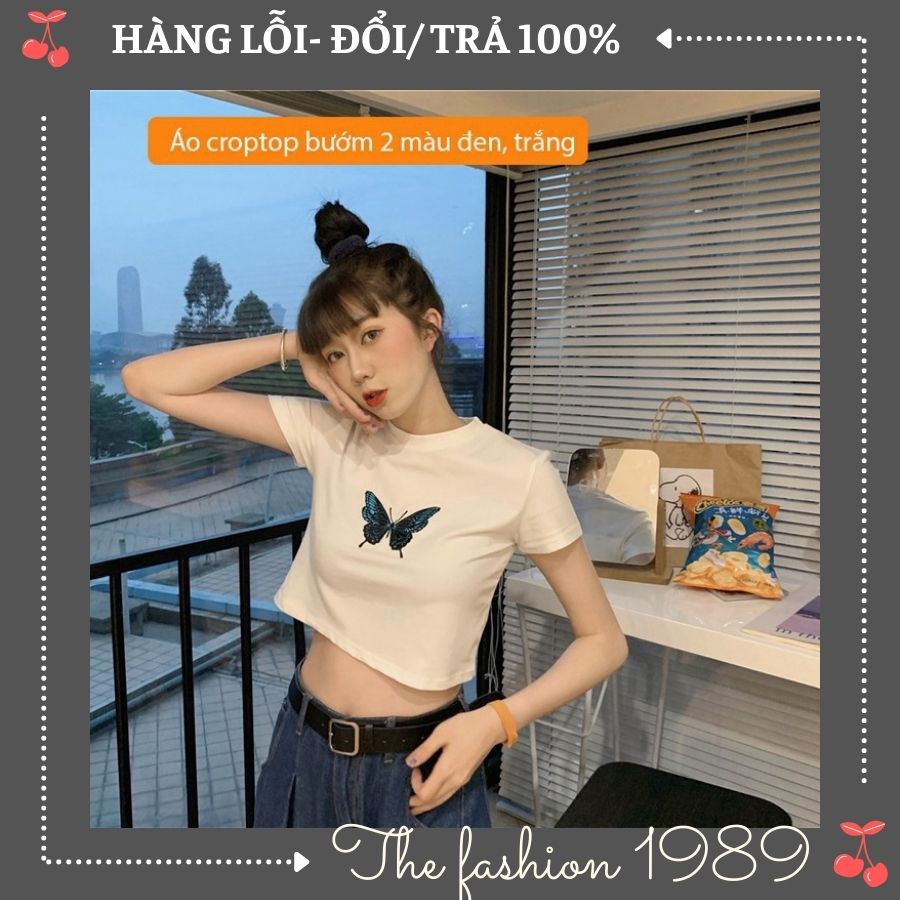 Áo thun Croptop tay ngắn thêu bướm cực xinh - áo croptop  thêu bướm màu trắng đen