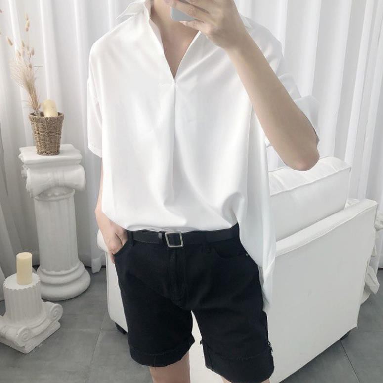 Áo Sơ Mi kiểu style Hàn Quốc CỔ CHUI unisex nam nữ form rộng BASIC hai màu trắng đen  ྇