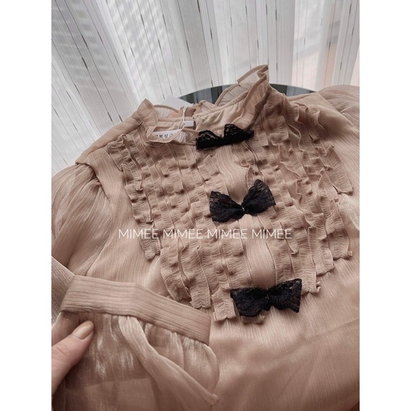 Áo tiểu thư nâu bèo 3 nơ ren