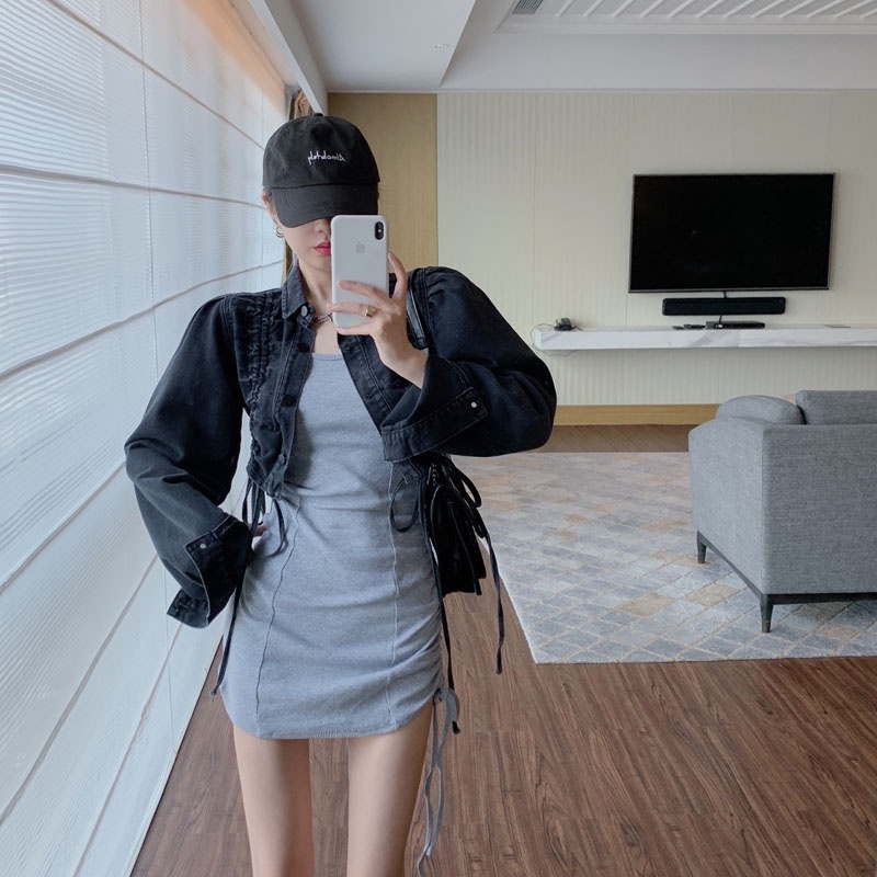 Áo khoác Denim dáng ngắn phối dây rút thời trang mùa thu cho nữ