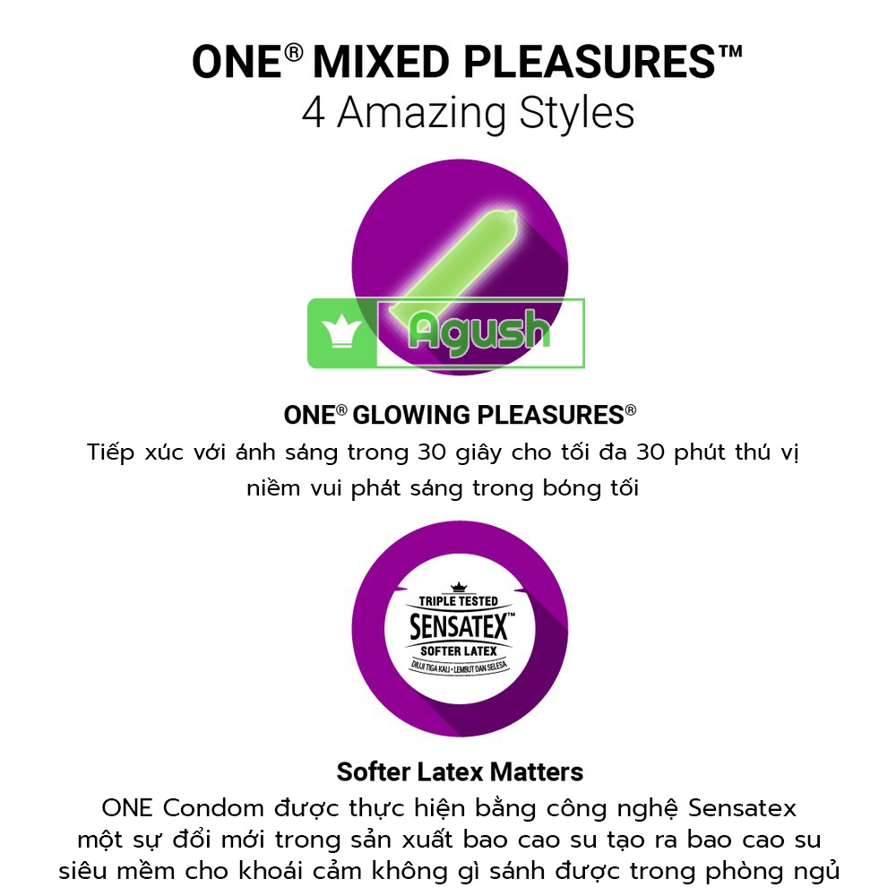 Bao cao su gai siêu mỏng gia đình chính hãng ONE CONDOMS MIXED PLEASURES hộp 3 cái có phát sáng che tên sản phẩm giá rẻ