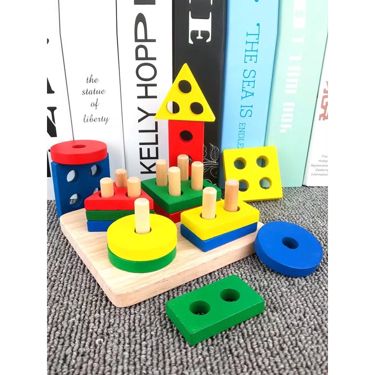 Đồ Chơi Thả Hình Khối Trên Thanh Bằng Gỗ - Đồ Chơi Gỗ Thông Minh Montessori Giúp Bé Phân Biệt Hình Khối,Màu Sắc