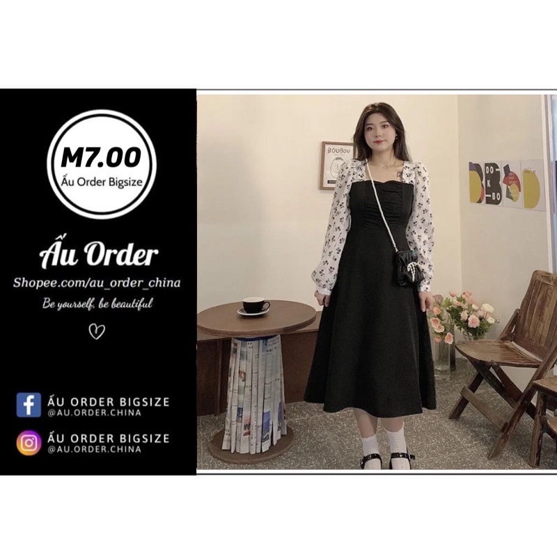 Váy suông đen phối tay hoa trắng cổ vuông Bigsize Đến 100kg