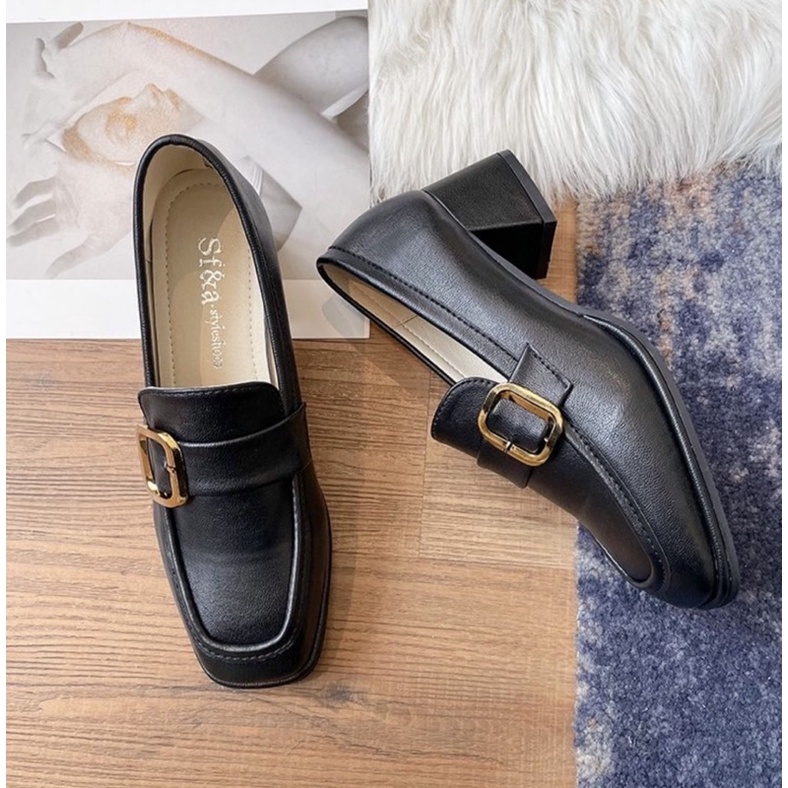 (Order) Giày loafer nữ gót vuông đế cao 5cm