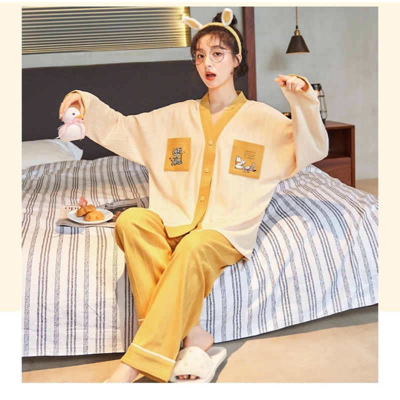 Đồ bộ đồ ngủ pyjama dài tay 100% cotton phong cách Hàn Quốc nhí nhảnh xinh xắn dễ thương chất vải siêu mềm mịn | BigBuy360 - bigbuy360.vn