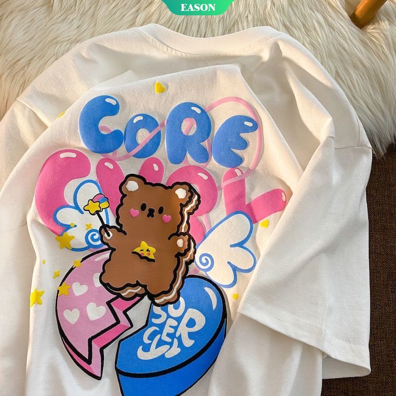 Summer Cotton Short-sleeved T-shirt Cute Bear Print T-shirt Loose Casual Couple Short-sleeved T-shirt Sweet Girl【E.A】