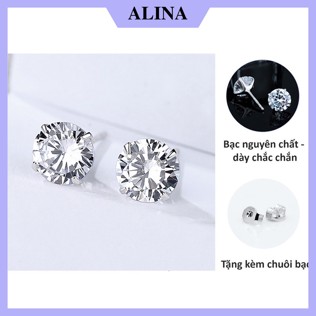 Bông Tai Bạc Ta Đá CZ 6A Chuẩn 120 Lát Cắt Siêu Lấp Lánh Không ố Không mờ Khuyên Nụ Trắng Đen Đơn Giản Alina
