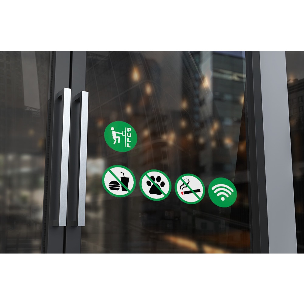 Bộ 6 Sticker Decal dán Biển Báo Đẩy Kéo cửa, No Smoking, Wifi, không đem thức ăn và thú cưng vào quán, kích thước 10cm