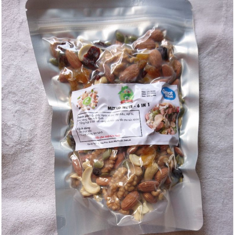 MIX 6 LOẠI HẠT VÀ TRÁI CÂY SẤY NGUYÊN VỊ -500GRAM (NGŨ CỐC HẠT BÀ BẦU,MIX NUTS,HẠNH NHÂN,ÓC CHÓ,HẠT ĐIỀU,K MACCA,GRANOLA | BigBuy360 - bigbuy360.vn