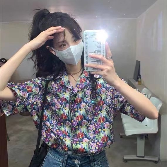 SUXI Áo Sơ Mi Ngắn Tay Họa Tiết Hoa Phong Cách Vintage Cho Nữ