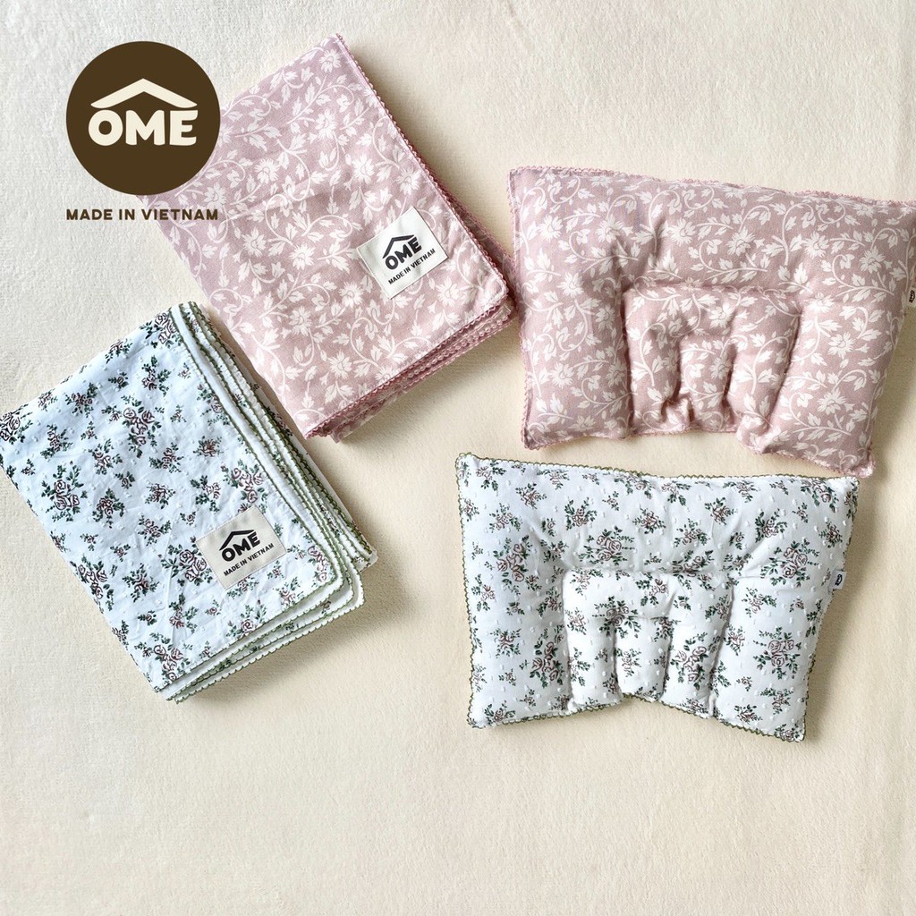 Set chăn gối vải thô họa tiết hoa Vintage cao cấp chính hãng Ome cho bé, mẫu mới nhất 2021