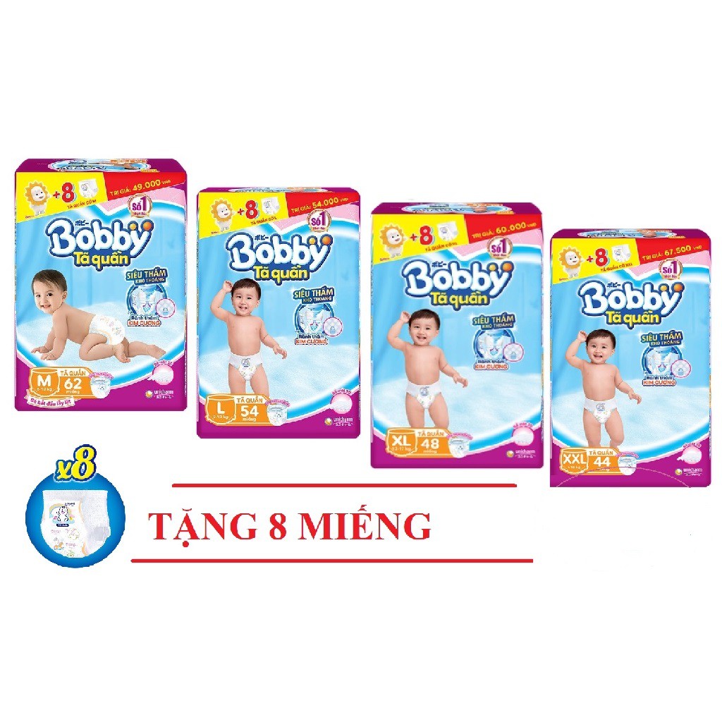 Bỉm bobby quần S44, M60, L54, XL48, XXL44, dán S56, quần/dán M76, L68, XL62, XXL56 -Shop Binhan12018