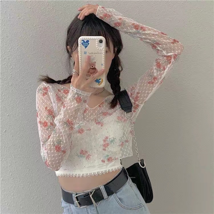 Áo Thun Lưới Tay Dài + Áo Hai Dây Phối Ren Hoa Phong Cách Hàn Quốc Dành Cho Bé Gái