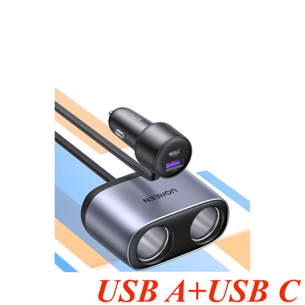 Sạc xe hơi cổng USB + USB-C + chi tẩu ôtô 2 port Ugreen 30886 3.4A Màu Xám CD252 Hàng chính hãng