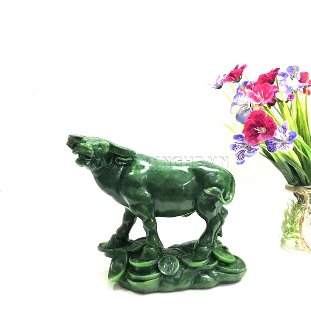 Tượng Đá Trâu Phong Thủy - Xanh Ngọc Bích - Cao 16cm