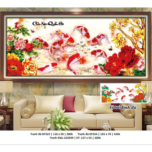 Tranh thêu chữ thập ( giá sỉ) cá chép hoa mẫu đơn 223039 (127x55cm), MN0041; Tranh đá DF323 ( 110x50cm) DF254(165x70cm)