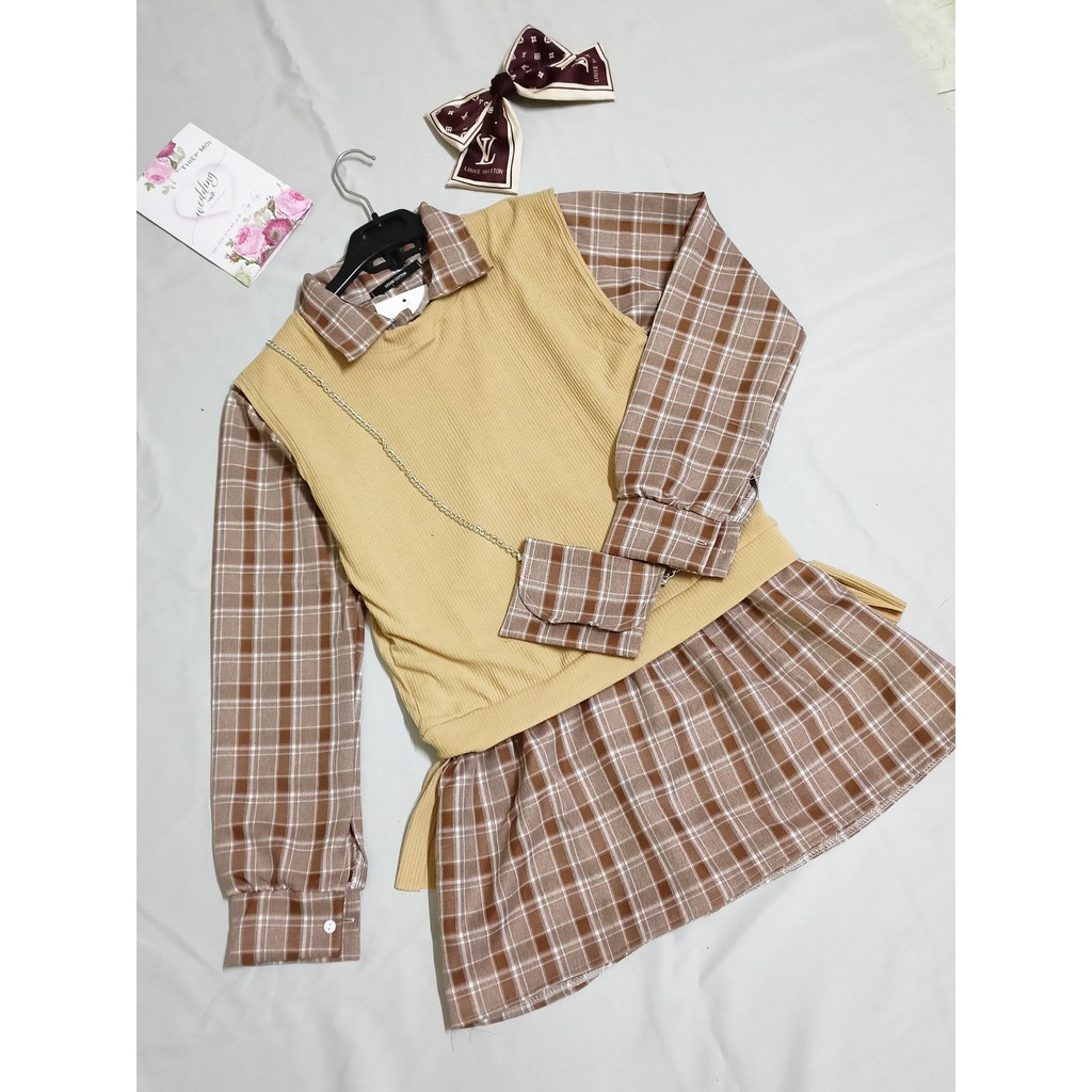 Sét váy kẻ caro + Áo gile ulzzang kết hợp túi đeo chéo bánh bèo  - CM Shop