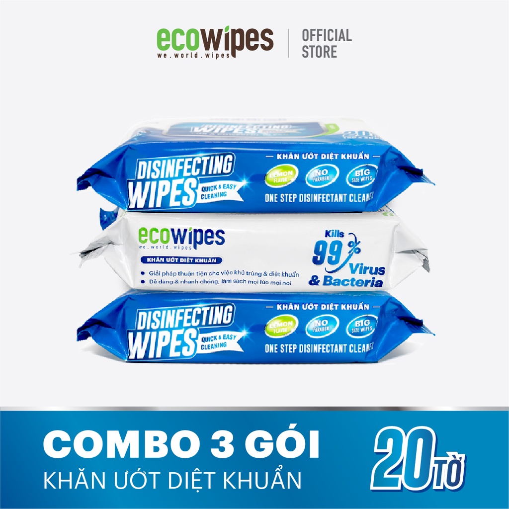 Combo 3 gói KHĂN ƯỚT DIỆT KHUẨN EcoWipes - Gói nhỏ tiện lợi 20 tờ/gói