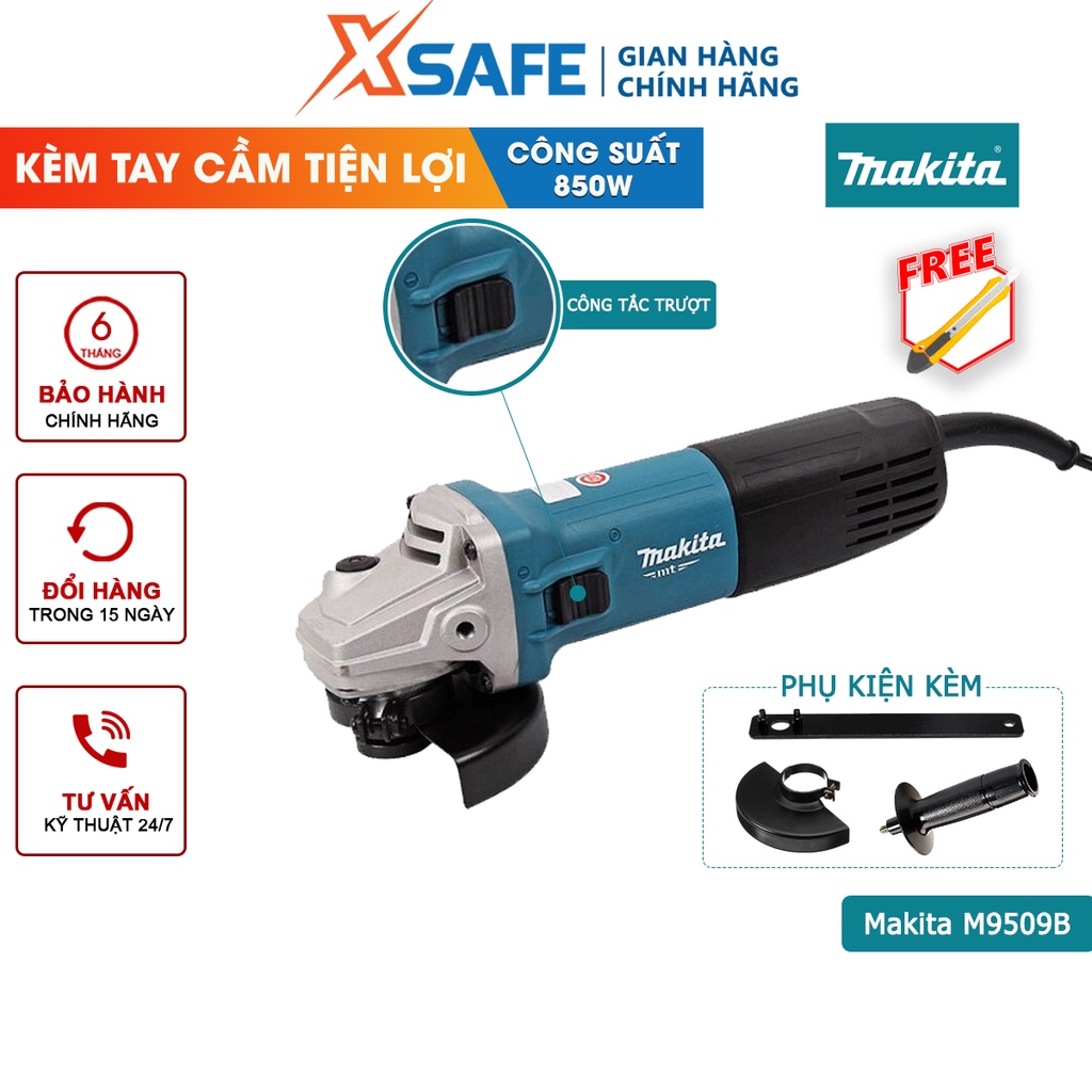 Máy mài góc cầm tay MAKITA M9509B 850W công tắc trượt, tốc độ không tải 11000 rpm, đường kính đá mài 100mm - chính hãng