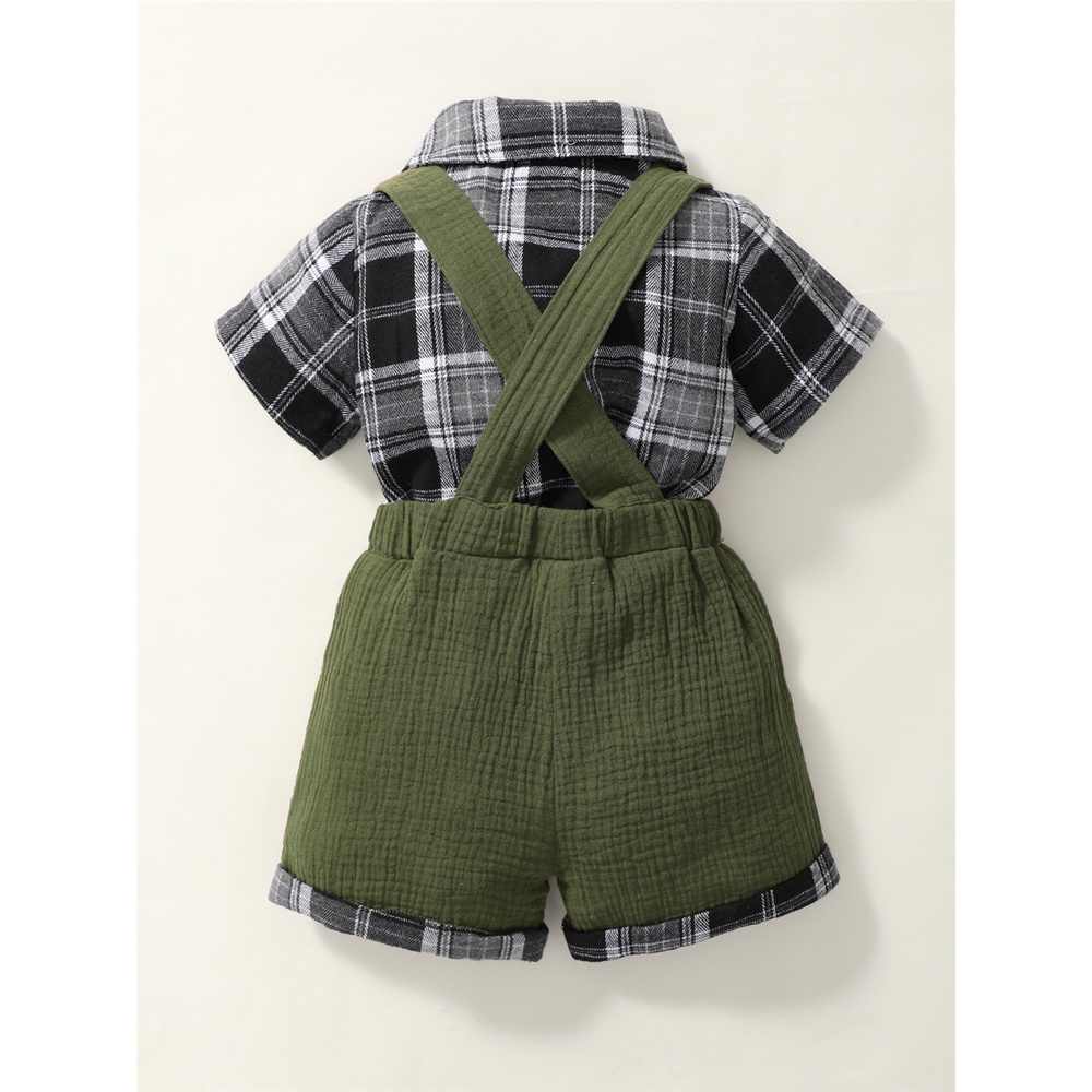 Set đồ 2 món MIKRDOO áo sơ mi tay ngắn cổ thắt nơ họa tiết ca rô và quần đùi yếm thời trang mùa hè cho bé trai sơ sinh