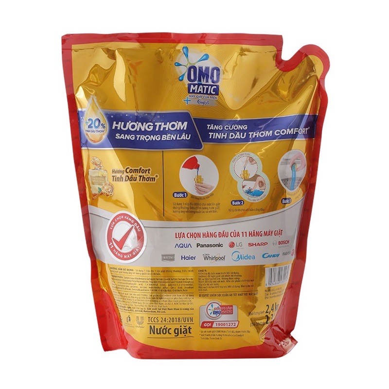 Nước giặt OMO Matic Comfort tinh dầu thơm cho máy giặt cửa trên gói 2kg