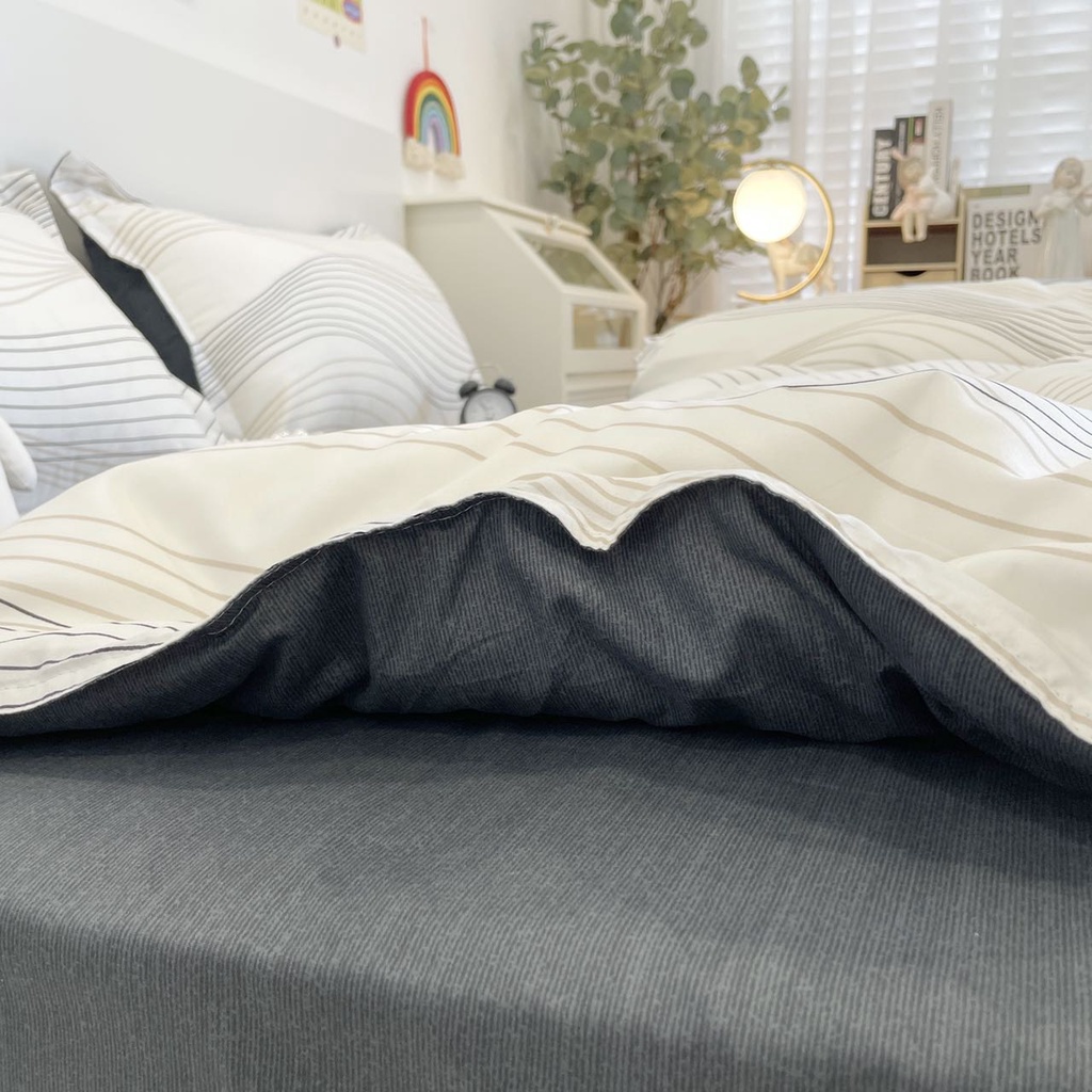 Bộ chăn ga gối cotton poly K'home set ga giường 4 món vỏ chăn ga gối có bo chun theo kích thước - Vân trắng