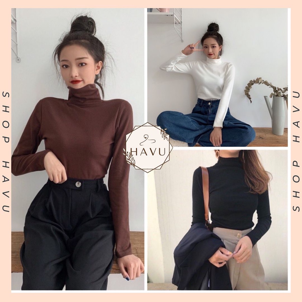 Áo thun croptop dài tay cổ lọ - Phông trơn ôm body dáng ngắn, thiết kế basic vintage, nhiều màu lựa chọn